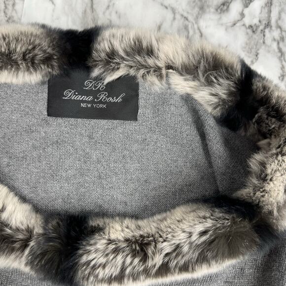 Diana Rosh New York Gray Wool Fur Poncho Rex Rabbit Silver Fox Fringe Mob Wife - Picture 4 of 6